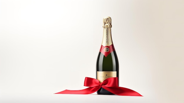 Champagne bottle in clean backdrop bind with red ribbon poppers and stars Generative AI