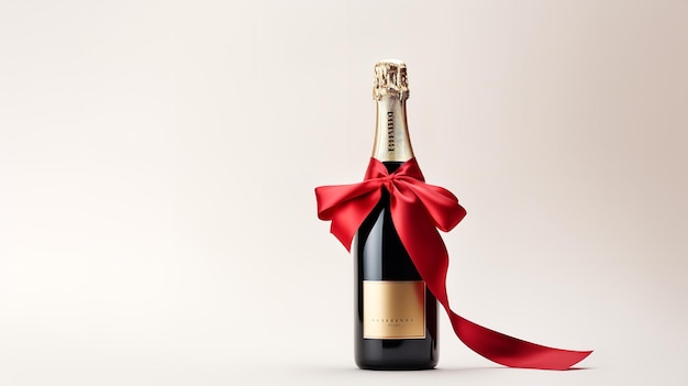 Champagne bottle in clean backdrop bind with red ribbon poppers and stars Generative AI