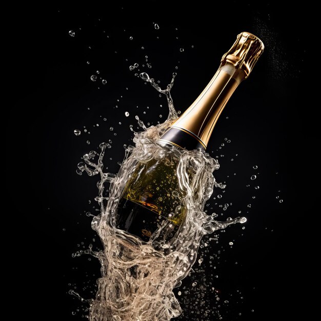 Photo champagne bottle and cork splashing on a dark background