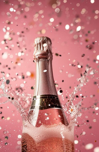 Фото Бутылка шампанского падает на розовый фон.