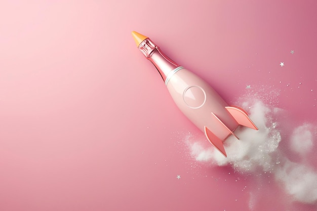 シャンパンボトルがロケットのように飛び上がる休日とパーティーの象徴としてのシャンパンロケット打ち上げ休暇旅行やお祝いの始まりパーティーミニマルコンセプト