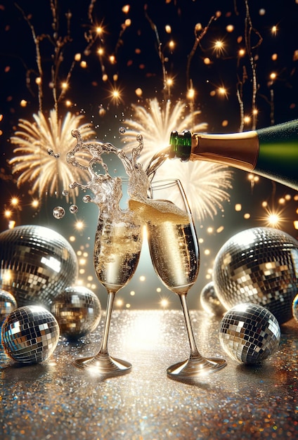 Foto bottiglie di champagne flauti fuochi d'artificio scintillanti sfondo decorazione di festa palle discoteche luccioli dorati