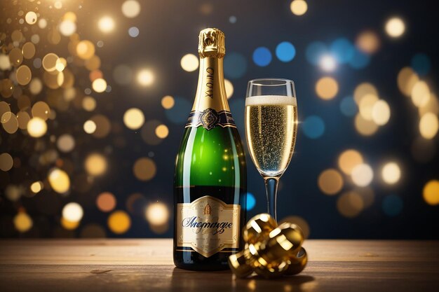 Champagne bottle and glass against bokeh lights background