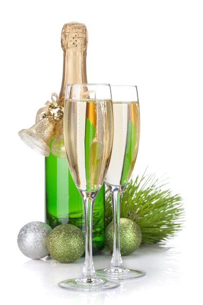 Champagne bottle glasses and christmas decor