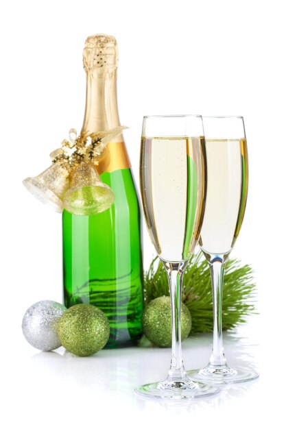 Champagne bottle glasses and christmas decor