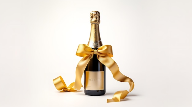 Champagne bottle in gold backdrop bind with party ribbon poppers and stars Generative AI