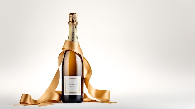 Champagne bottle in gold backdrop bind with party ribbon poppers and stars Generative AI