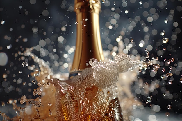 Photo champagne bottle splash bubbles water