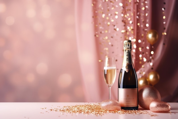 Champagne bottle and two glasses on bokeh background with copy space celebration concept