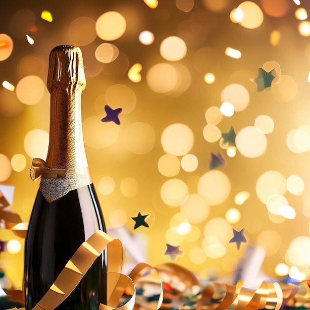 Champagne bottle with confetti stars bokeh decoration and party streamers on golden background