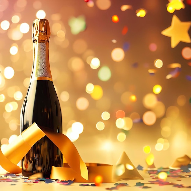 Champagne bottle with confetti stars bokeh decoration and party streamers on golden background