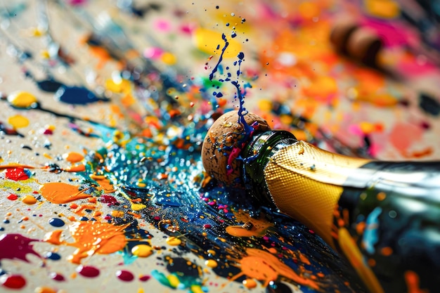 champagne bottle with a cork popping out in the style of abstract with splashes of paint and shapes