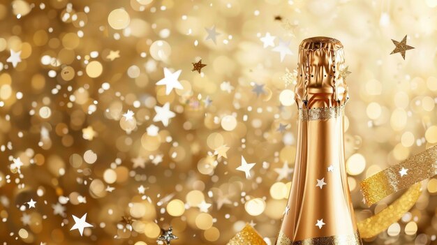 Photo a champagne bottle with a golden foil top against a sparkling celebratory background