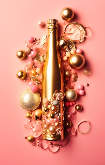 Champagne bottle with golden ornaments and decorations on pink background