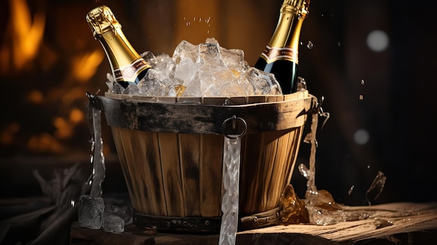 Champagne bottle in a wooden bucket with ice in a clean backdrop Generative AI