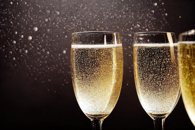 Champagne bubbles playing in glass on dark brown background