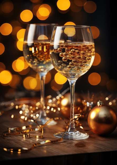 Champagne Cocktail in Glasses under Christmas Bokeh Lights extreme closeup Generative AI