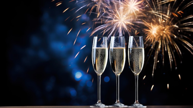 champagne- en vuurwerkglas met sprankelend vuurwerk op zwarte achtergrond Nieuwjaarscompositie met kopieerruimte