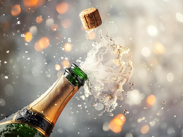 Champagne explosion with flying cork closure opening champagne bottle closeup celebration theme