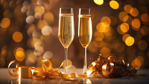 Champagne for festive cheers with gold sparkling bokeh background Ai Generative