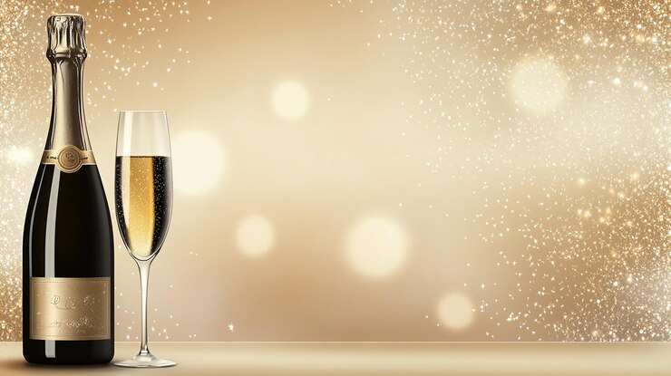 Foto champagne fles en glas met gouden glitter achtergrond