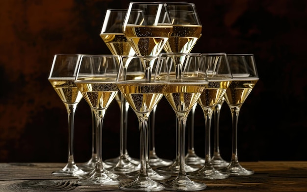 Champagne flutes arranged in a stylish pyramid