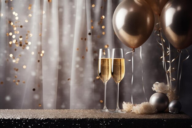 champagne flutes and fireworks new year celebration concept