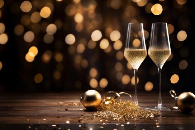 champagne flutes and fireworks new year celebration concept