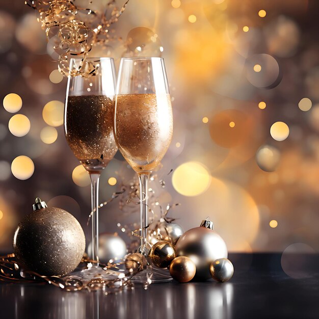 Champagne Glass Adorned with Christmas Baubles Starry Holiday Background Glitter Generative AI