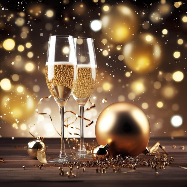 Photo champagne glass adorned with christmas baubles starry holiday background glitter generative ai