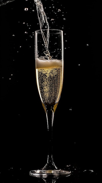 Champagne glass pouring on black background