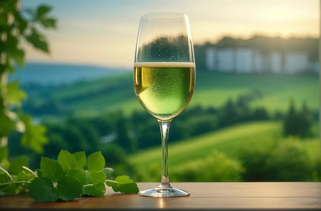 Бокал шампанского на столе, вид на зеленую природу Генеративный ИИ