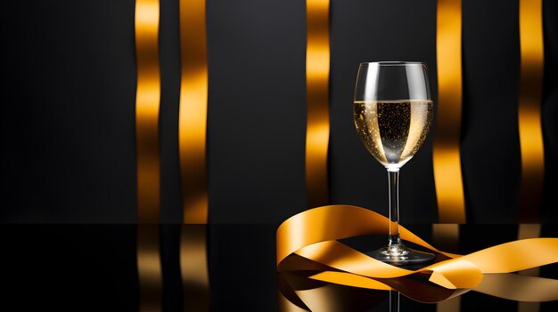 Champagne glass with a gold ribbon and toasting ribbon