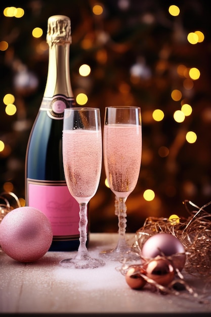 Champagne e bicchieri contro luci festive concetto celebrazione e lusso