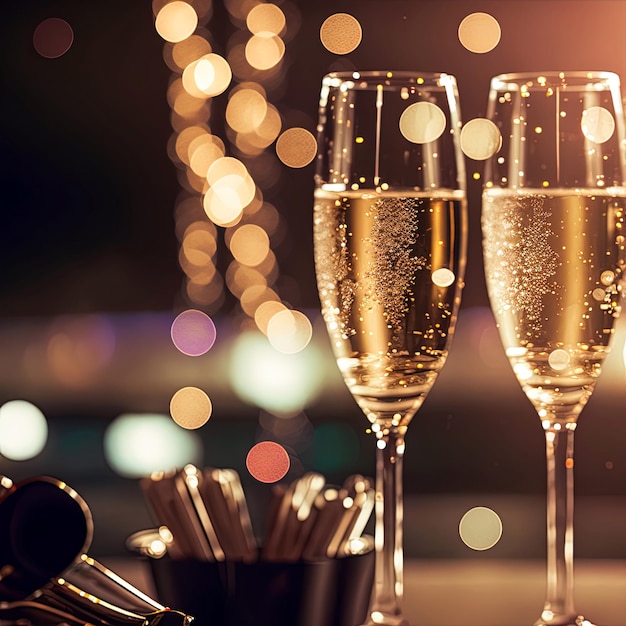 champagne glasses against holiday lights and new year fireworks