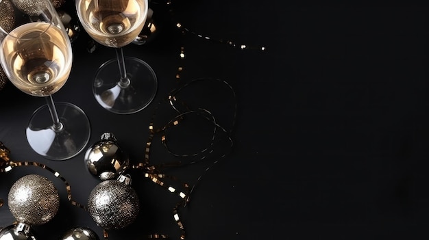 Фото Шампанские бокалы и рождественские украшения на праздничном темном фоне