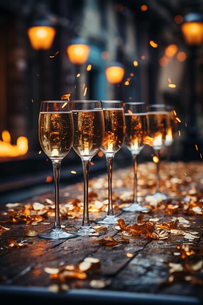 Champagne glasses and candlelight during New Year's celebration