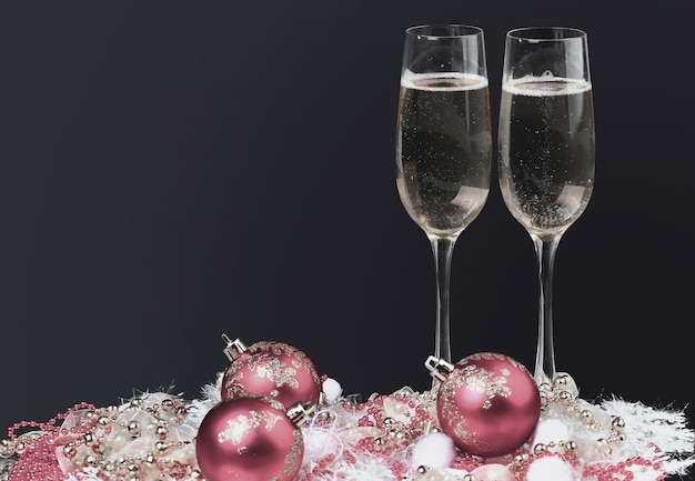 Champagne glasses on celebration table black background