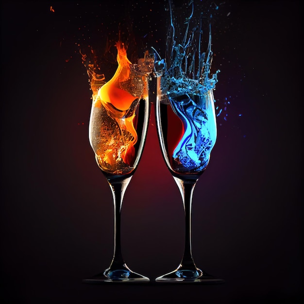 Champagne glasses in the clash of ice and fire on black background