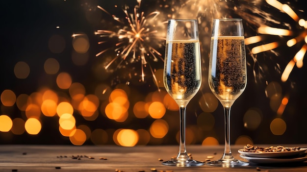 シャンパングラス花火やボケライトの背景でワインを飲む新年の夜の祝祭