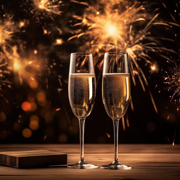 Шампанские бокалы, питье вина с фейерверками или фонарем боке на праздновании Нового года