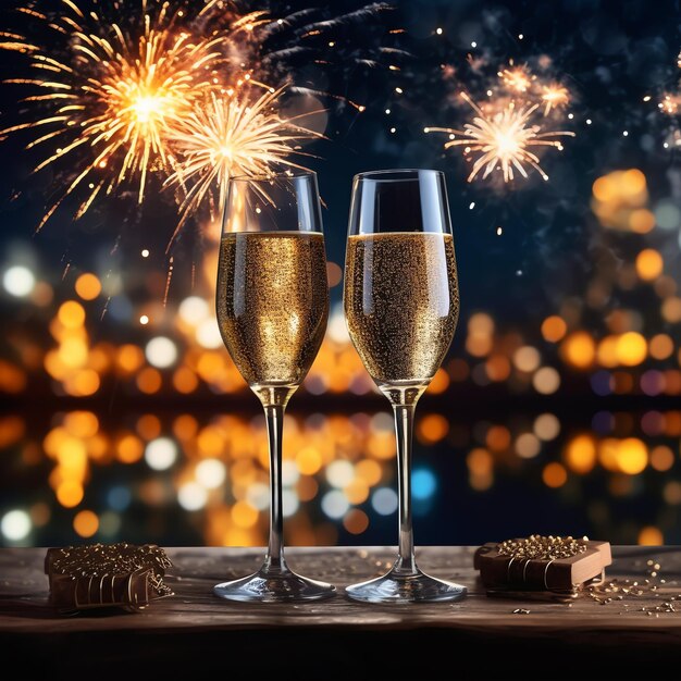 Champagne glasses drink wine with fireworks or bokeh lights background on new year night celebration