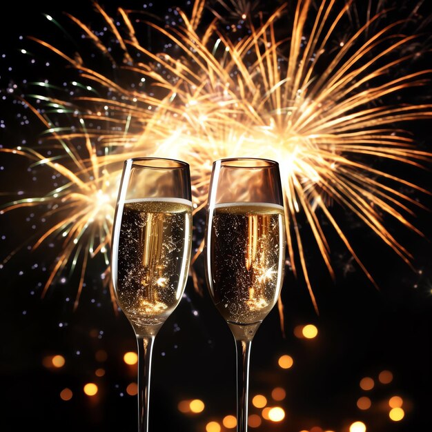 Champagne glasses drink wine with fireworks or bokeh lights background on new year night celebration