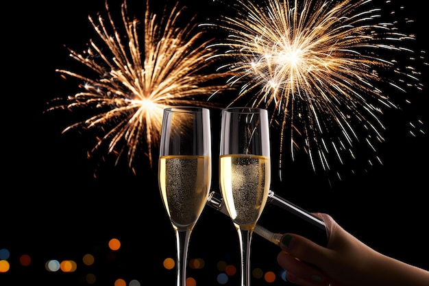Champagne glasses drink wine with fireworks or bokeh lights background on new year night celebration