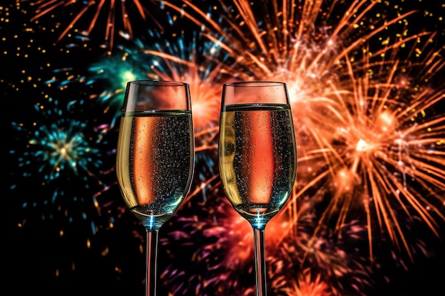 Champagne glasses drink wine with fireworks or bokeh lights background on new year night celebration