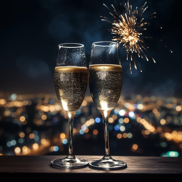 Photo champagne glasses drink wine with fireworks or bokeh lights background on new year night celebration