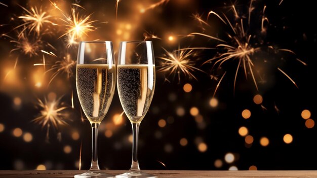 Champagne glasses drink wine with fireworks or bokeh lights background on new year night celebration