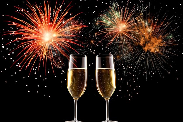 Champagne glasses drink wine with fireworks or bokeh lights background on new year night celebration