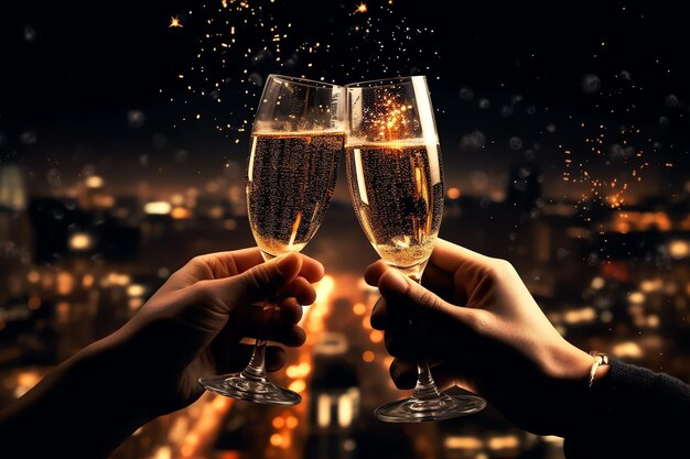 Champagne glasses drink wine with fireworks or bokeh lights background on new year night celebration