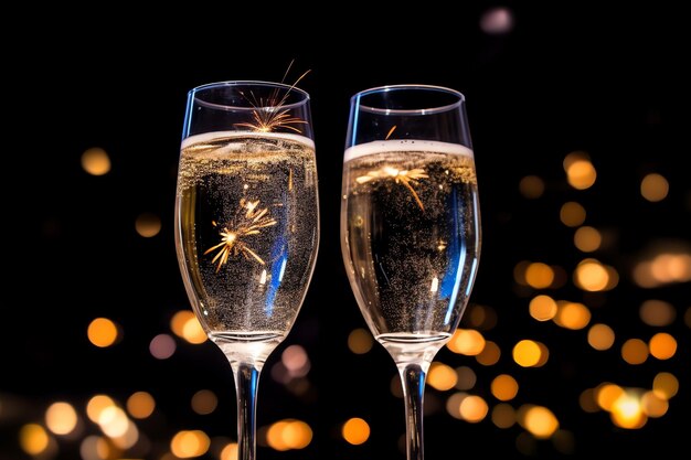 Champagne glasses drink wine with fireworks or bokeh lights background on new year night celebration